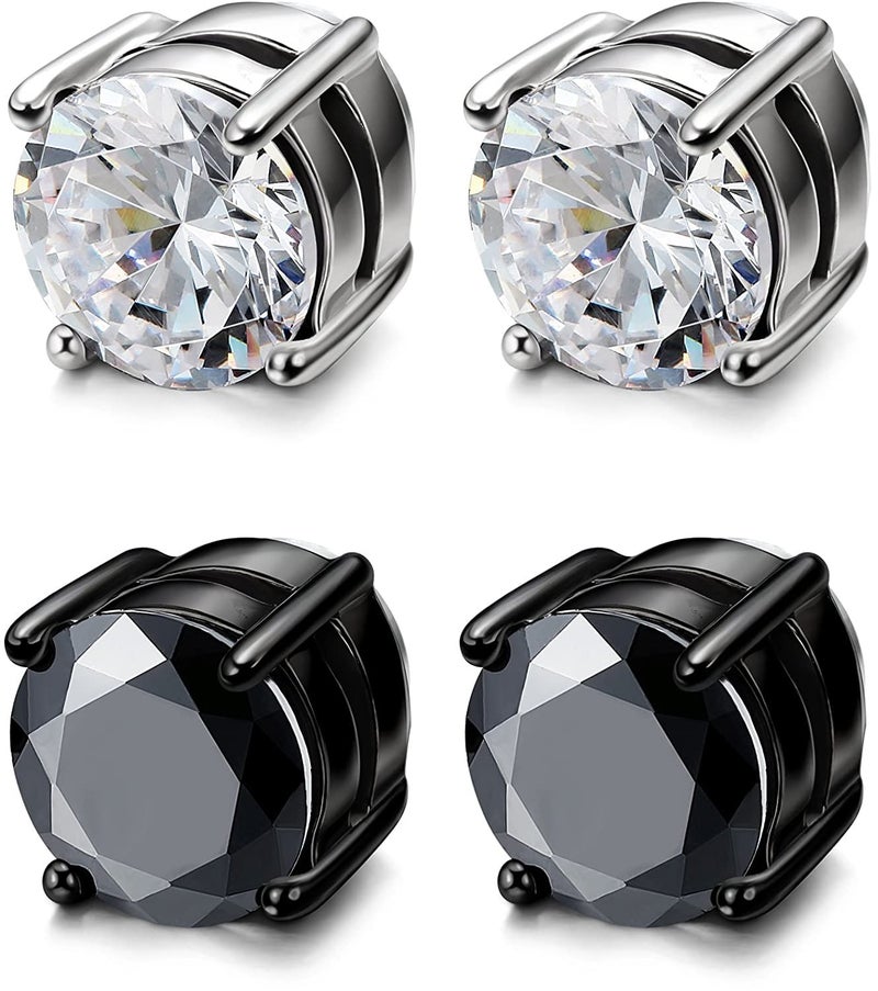 SIISPRI YZstyle 2 Pairs Stainless Steel Magnetic Stud Earrings for Men Women Non-piercing CZ Clip on CZ Earrings Hypoallergenic(Black + Silver)6MM-8MM (6MMBlack + Silver) - Image 1
